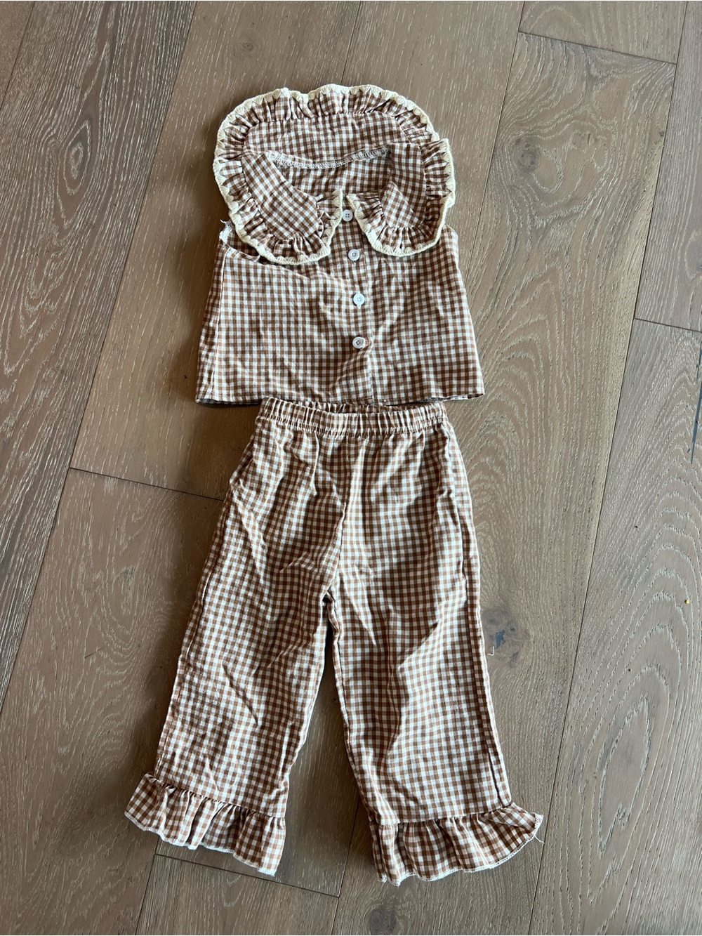 Children's Brown Gingham Set with Ruffle Collar - Picture 3 of 6